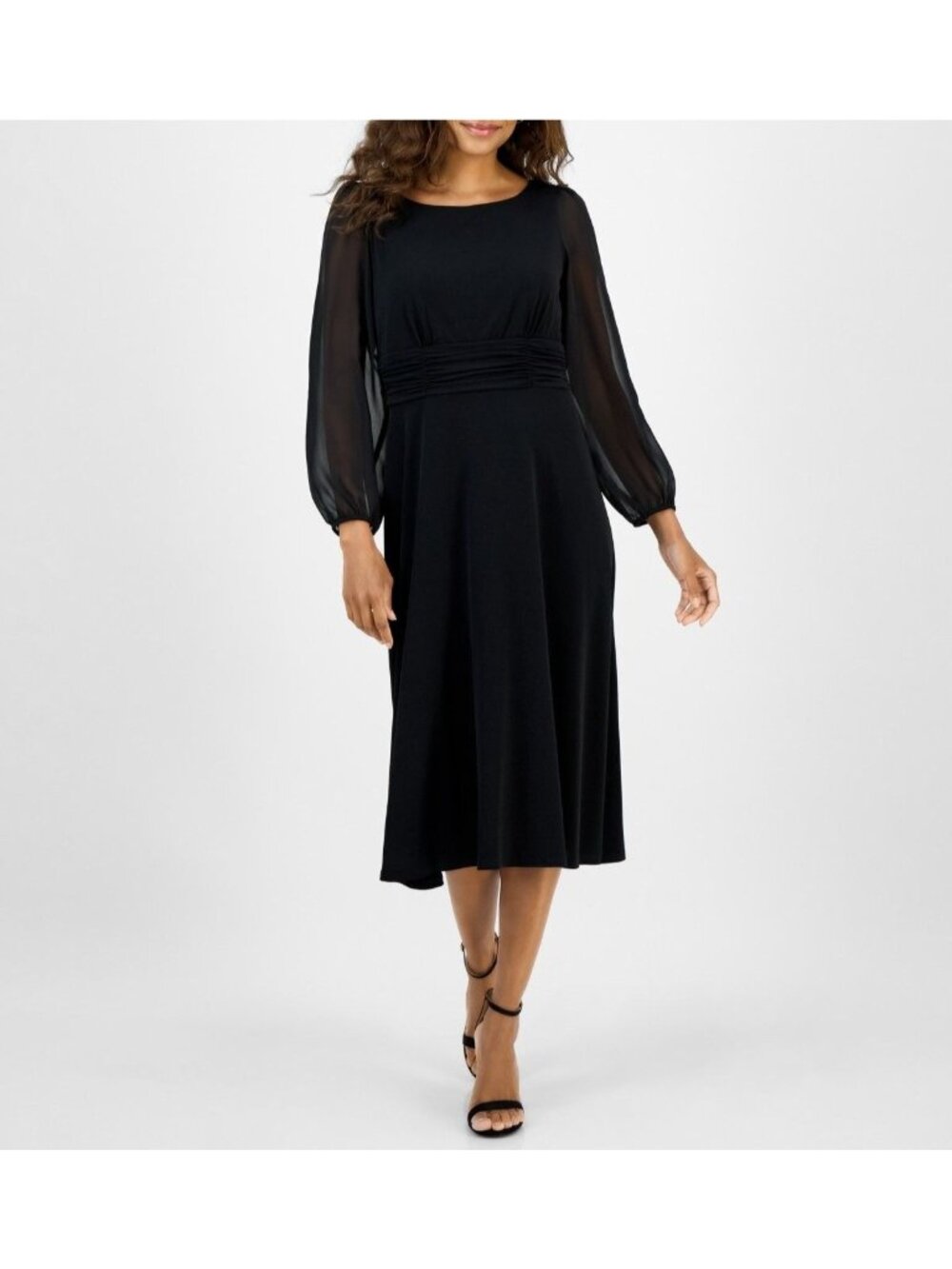 Connected Womens Petite Shirred-Waist Sheer-Sleeve MIDI Dress Black Size 12P NWT